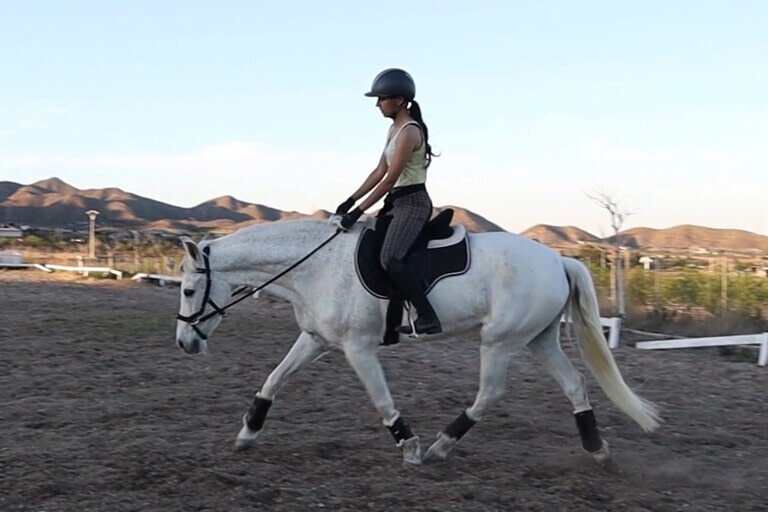 Chica montando a caballo al trote bitless
